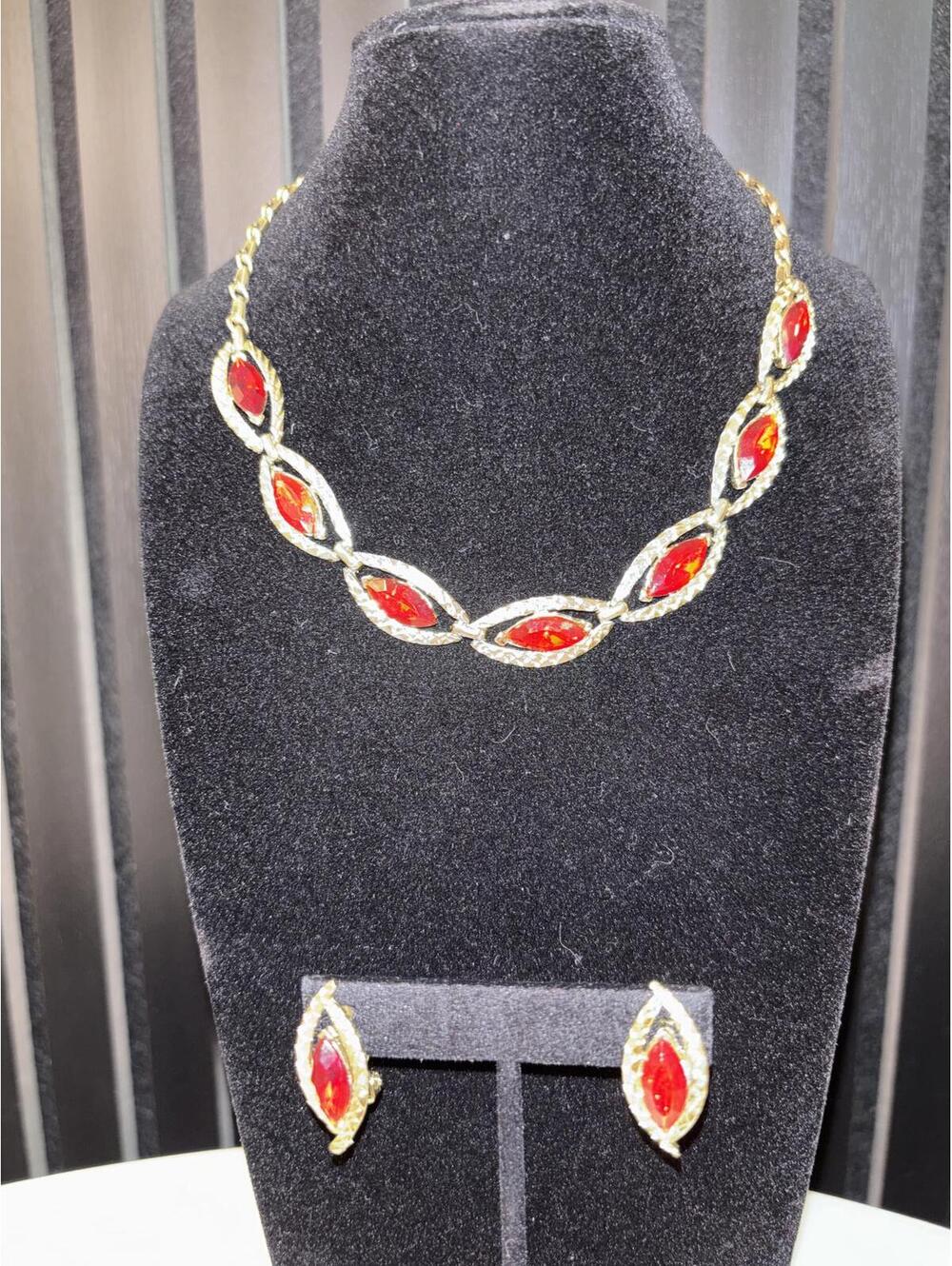 Gold Tone Necklace and Earring Set with Red Gemstones